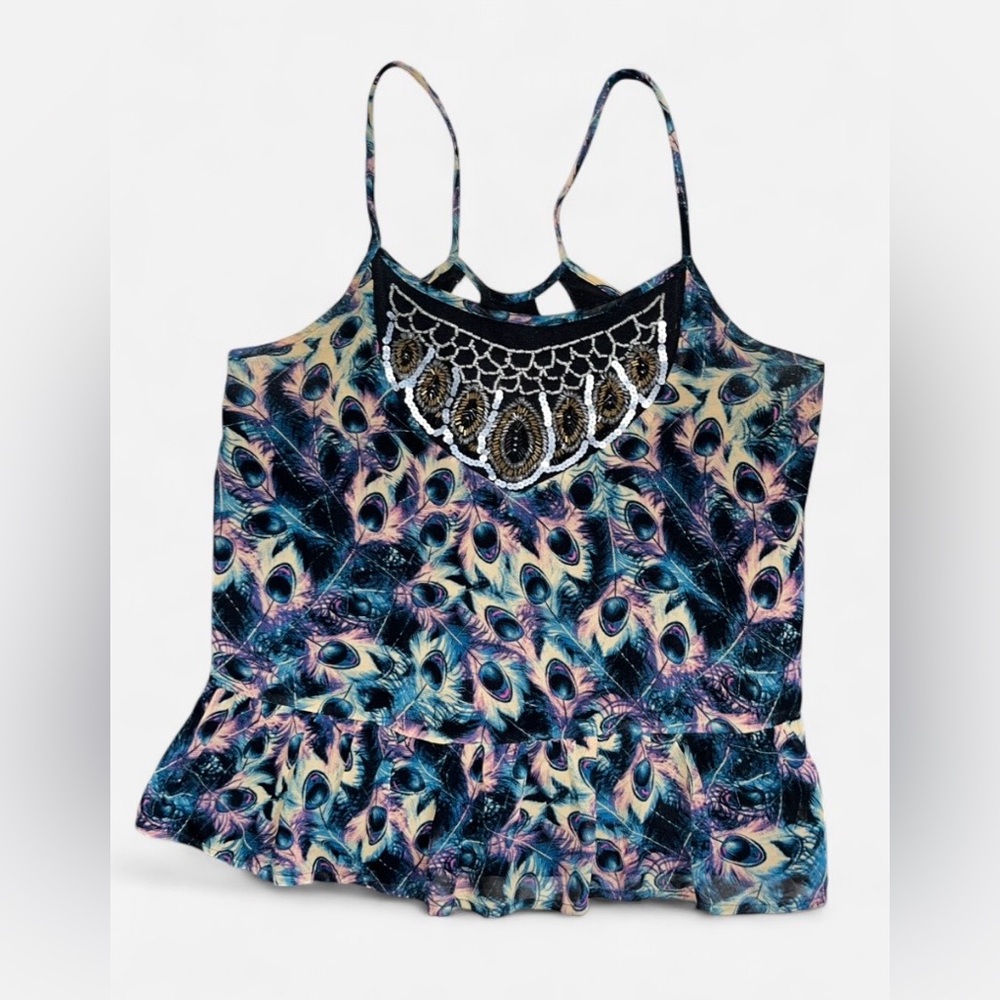 Teen Vogue Peacock Feather Print Top Sequins Beaded Size M
